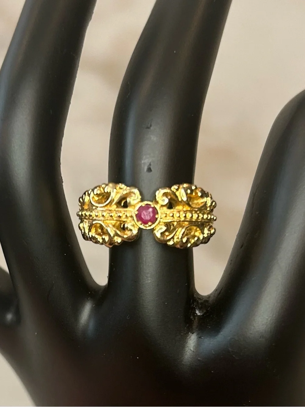 Vintage Gold Toned Filigree Ring with Pink Center Stone - Picture 3 of 4